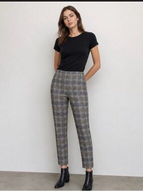 Zara Black/White/Tan  Plaid Cropped Stretch Side zip Pants, Sz M
